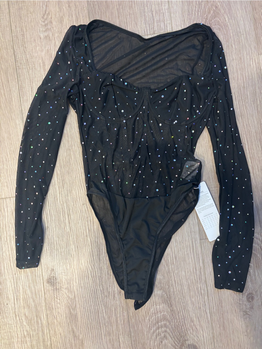 Black Long-Sleeve Mesh Bodysuit with Iridescent Dot Accents